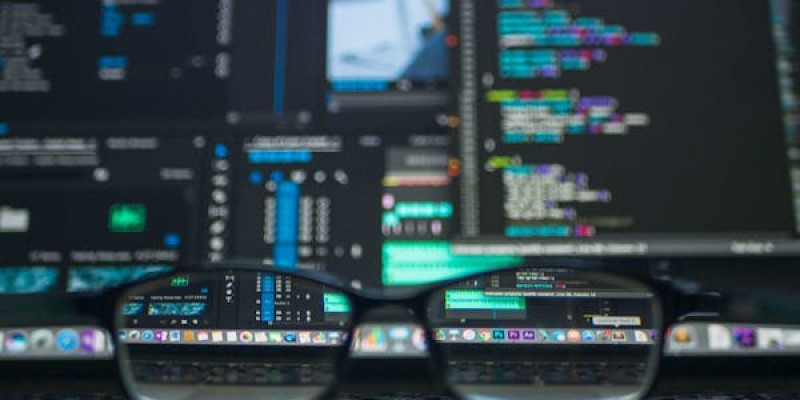 Modern office workspace with laptops and notes